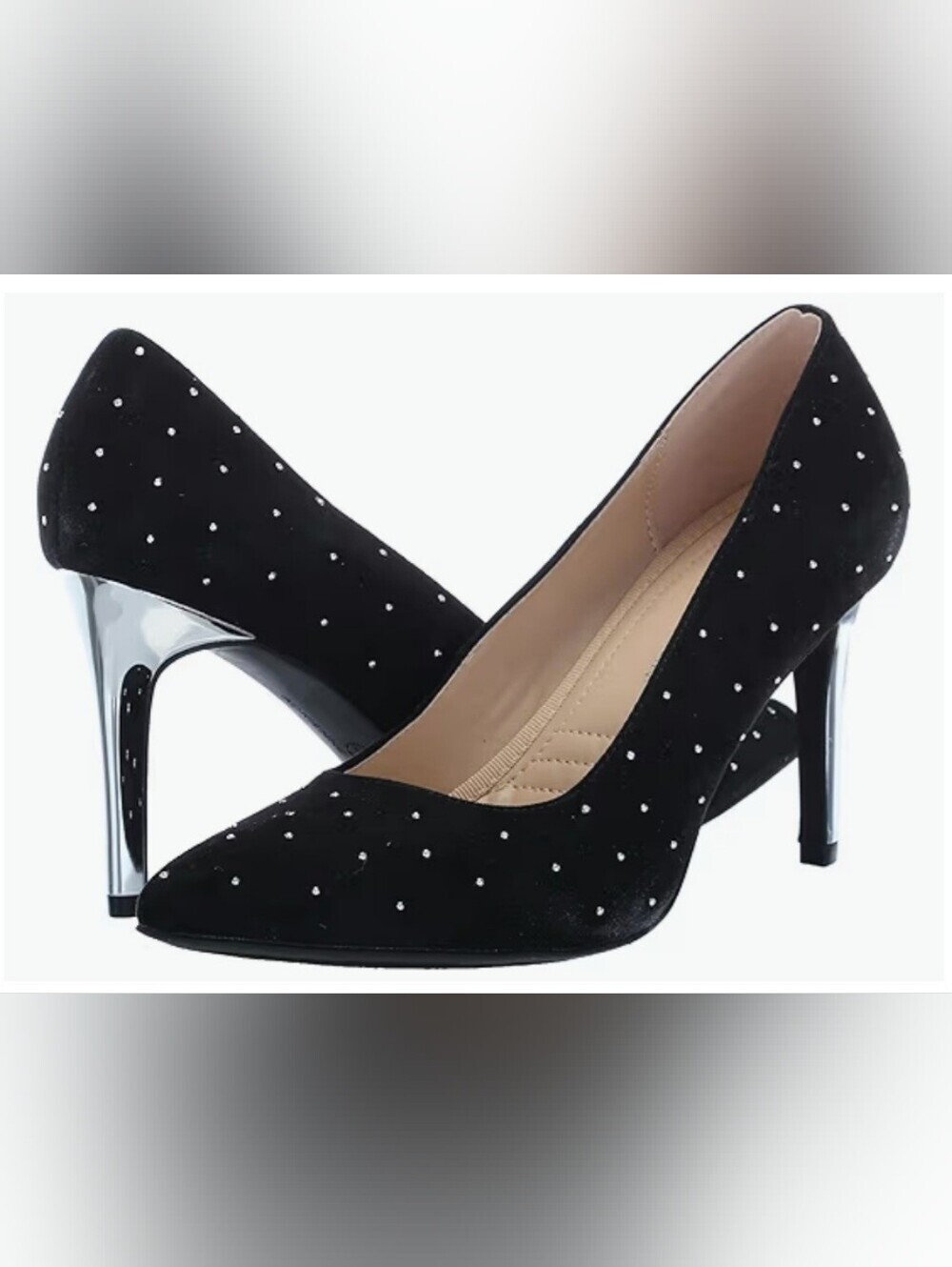 Adrienne Vittadini Black Suede Rhinestone Pointed Toe Pumps with Silver Heel